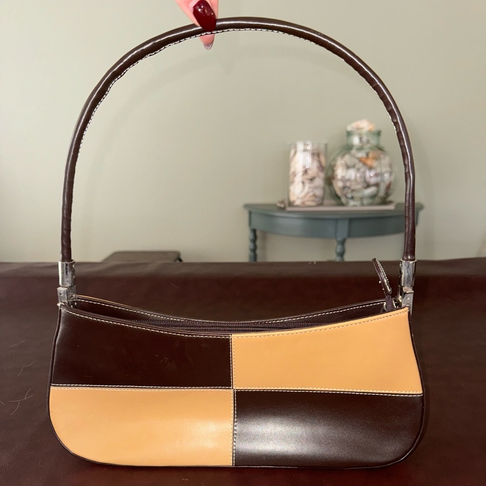 Structured checkered short strap baguette bag